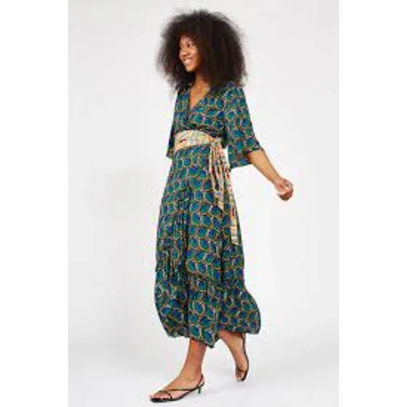 Silk & Salt Journey Maxi Wrap Dress African Peacock Print Green Blue NEW Medium - Picture 2 of 12